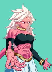 Rule 34 | 1girl, abs, android 21, black nails, bracelet, breasts, colored skin, dragon ball, dragon ball fighterz, dragonball z, highres, jewelry, looking at viewer, majin android 21, muscular, muscular female, nail polish, navel, pink skin, pointy ears, red eyes, serious, tail, white hair, zequung, zquung
