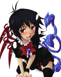 Rule 34 | 1girl, :d, akuto, asymmetrical wings, black dress, black hair, blush, dress, female focus, highres, houjuu nue, kneeling, looking at viewer, naughty face, open mouth, red eyes, sexually suggestive, simple background, skirt, smile, solo, touhou, white background, wings