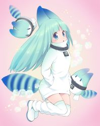 Rule 34 | 10s, 1girl, :o, absurdres, animal ears, blue eyes, blue hair, blunt bangs, blush, boots, collar, eyelashes, full body, gradient background, gradient eyes, hands in pockets, highres, hood, hoodie, jumping, kemono friends, kuzumochiko, leg warmers, legs up, long hair, long sleeves, looking at viewer, lucky beast (kemono friends), multicolored eyes, open mouth, personification, pink background, pocket, sandstar, simple background, striped tail, tail, tareme, turtleneck, white footwear, white hoodie, white legwear