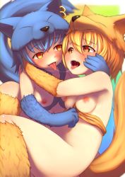 Rule 34 | 24cakes, 2girls, after kiss, blonde hair, blue background, blue hair, blurry, blurry background, blush, border, bottomless, bra, bra pull, breasts, cat o&#039; nine tails (raganarok online), clothes pull, commentary request, cowboy shot, earrings, fox girl, fox hat, fox tail, gloves, gradient background, green background, hair between eyes, halterneck, hug, jewelry, looking at another, moonlight flower, multiple girls, navel, nipples, open mouth, ragnarok online, saliva, shiny skin, short hair, small breasts, tail, tongue, tongue out, underwear, upper body, white border, yellow eyes, yellow fur, yellow gloves, yellow legwear, yuri