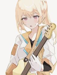 Rule 34 | 1girl, bang dream!, black shirt, blonde hair, blush, commentary, crossed bangs, electric guitar, gloves, guitar, hair between eyes, highres, instrument, jacket, long hair, music, open mouth, pann (1202zzzx00), playing instrument, ponytail, purple eyes, shirasagi chisato, shirt, sidelocks, simple background, solo, sweatdrop, upper body, white background, white gloves, white jacket