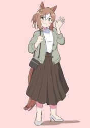 Rule 34 | 1girl, alternate costume, animal ears, aoi tenjiku, bag, blush, brown hair, brown skirt, cardigan, casual, clover hair ornament, commentary request, fine motion (umamusume), folded ponytail, full body, green eyes, grey cardigan, grey footwear, hair between eyes, hair bun, hair ornament, handbag, high heels, highres, horse ears, horse girl, horse tail, long skirt, long sleeves, looking at viewer, medium hair, multicolored hair, open cardigan, open clothes, shoes, short hair, shoulder bag, simple background, skirt, solo, standing, streaked hair, sweater, tail, umamusume, waving, white hair, white sweater