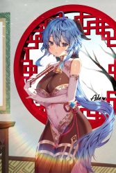 Rule 34 | 1girl, :o, ahoge, aile (crossroads), alternate costume, artist name, bad id, bad pixiv id, bare shoulders, blue hair, blush, bodystocking, breasts, covered navel, cowboy shot, dress, elbow gloves, flower knot, folded fan, folding fan, ganyu (genshin impact), genshin impact, gloves, hand fan, highres, holding, holding fan, horns, indoors, large breasts, lens flare, long hair, looking at viewer, parted lips, pelvic curtain, purple eyes, red ribbon, ribbon, round window, solo, tassel, thighlet, white dress, white gloves, window