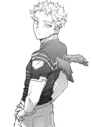 Rule 34 | 1boy, boku no hero academia, closed mouth, earrings, facial hair, goatee stubble, greyscale, hands on own hips, hawks (boku no hero academia), jewelry, looking back, male focus, mini wings, monochrome, pants, pon52io, scar, scar on face, shirt, short hair, short sleeves, simple background, solo, stubble, wings