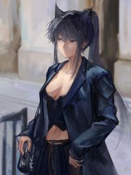 Rule 34 | 1girl, animal ears, arknights, black coat, black hair, breasts, brown eyes, camisole, chinese commentary, cleavage, closed mouth, coat, collarbone, commentary request, cowboy shot, day, earrings, expressionless, extra ears, highres, jewelry, long hair, long sleeves, looking away, looking to the side, medium breasts, midriff, naijiaer, navel, open clothes, open coat, outdoors, ponytail, ring, sidelocks, solo, texas (arknights), wolf ears