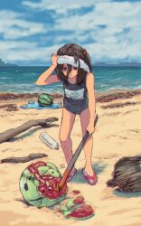 Rule 34 | 1girl, absurdres, artist logo, beach, black hair, blindfold, blue one-piece swimsuit, blue sky, brown eyes, closed mouth, cloud, cloudy sky, commentary request, crowbar, day, driftwood, expressionless, flip-flops, food, fruit, hair between eyes, hair bobbles, hair ornament, hand up, highres, holding, holding crowbar, horizon, long bangs, long hair, looking at object, looking down, ocean, one-piece swimsuit, one side up, original, outdoors, plastic bottle, removing blindfold, sandals, school swimsuit, sky, solo, standing, suikawari, summer, swimsuit, tarpaulin, ttanne, watermelon