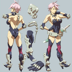 Rule 34 | 1girl, arm up, armor, armored boots, ass, baariya, bare back, bare shoulders, boots, breasts, character sheet, cleavage, collar, earrings, elbow pads, gloves, grey background, jewelry, kneehighs, large breasts, leotard, muscular, muscular female, one-piece swimsuit, original, pink hair, short hair, simple background, socks, standing, strapless, swimsuit, sword, thigh boots, thighhighs, toned, warrior, weapon, yellow eyes
