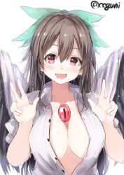 Rule 34 | 1girl, black wings, blush, breasts, brown hair, cape, cleavage, colorized, double v, dress shirt, female focus, hair ornament, hair ribbon, large breasts, long hair, looking at viewer, no bra, open clothes, open mouth, open shirt, puffy sleeves, red eyes, reiuji utsuho, ribbon, shirt, short sleeves, simple background, sketch, smile, solo, third eye, touhou, twitter username, unbuttoned, upper body, v, white background, wings, wowoguni