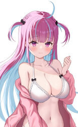 Rule 34 | 1girl, absurdres, ahoge, aqua hair, bare shoulders, bikini, black bikini, blunt bangs, blush, bow, bow bikini, braid, breasts, cleavage, closed mouth, collarbone, colored inner hair, commentary, fang, frilled bikini, frills, hair bow, highres, hololive, hood, hoodie, large breasts, light smile, long hair, long sleeves, looking at viewer, minato aqua, multicolored hair, navel, open clothes, open hoodie, pink eyes, pink hair, pink hoodie, simple background, skin fang, solo, stomach, streaked hair, swimsuit, tobidasu00, two-tone hair, two side up, virtual youtuber, white background, white bikini