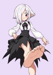 Rule 34 | 1girl, blush, feet, foot focus, hair over one eye, hand on own hip, highres, jashin-chan dropkick, long hair, looking at viewer, oyatsu (mk2), persephone ii, purple background, purple eyes, silver hair, simple background, smile, soles, solo, toes
