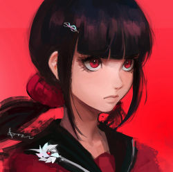 Rule 34 | 1girl, black hair, blunt bangs, closed mouth, commentary, danganronpa (series), danganronpa v3: killing harmony, english commentary, hair ornament, hair over shoulder, hairclip, harukawa maki, long hair, low twintails, mole, mole under eye, pin, portrait, qosic, red background, red eyes, red scrunchie, red shirt, sailor collar, school uniform, scrunchie, serafuku, shirt, simple background, solo, twintails, upper body