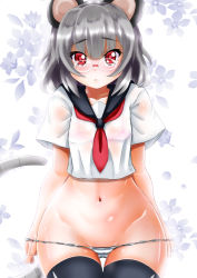 Rule 34 | 1girl, alternate costume, animal ears, bespectacled, black thighhighs, blush, ebi 193, floral background, glasses, gluteal fold, grey hair, groin, md5 mismatch, mouse ears, mouse tail, navel, nazrin, no pants, panties, panty pull, red eyes, short hair, solo, striped clothes, striped panties, tail, thighhighs, touhou, underwear, white background, wide hips