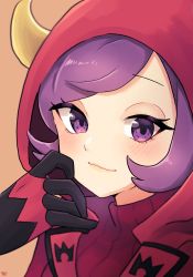 Rule 34 | 1girl, blush, closed mouth, commentary, courtney (pokemon), creatures (company), eyelashes, fake horns, game freak, gloves, hand up, highres, hood, hood up, horns, looking at viewer, moegi itsukashi, nintendo, pokemon, pokemon oras, purple eyes, purple hair, red sweater, ribbed sweater, short hair, signature, smile, solo, sweater, team magma, team magma uniform, turtleneck, turtleneck sweater, upper body