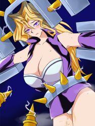Rule 34 | blonde hair, blush, breasts, cleavage, drooling, electricity, electrodes, electrostimulation, highres, jacket, kujaku mai, large breasts, leather, leather jacket, leather skirt, long hair, machine, milkcarton man, panties, pee, peeing, peeing self, purple eyes, purple skirt, restrained, shiny clothes, skirt, steam, tears, thick thighs, thighs, torture, underwear, wet, wet clothes, wet panties, white panties, yu-gi-oh!, yu-gi-oh! duel monsters