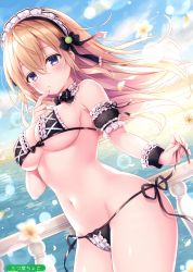 Rule 34 | 1girl, absurdres, bare shoulders, bikini, black bikini, black sleeves, blonde hair, blue sky, blush, bow, bow bikini, breasts, cleavage, cloud, cloudy sky, cowboy shot, day, detached sleeves, dutch angle, finger to mouth, flower, frilled bikini, frills, from side, groin, hair between eyes, highres, horizon, index finger raised, large breasts, long hair, looking at viewer, melonbooks, mitsuba choco, navel, ocean, outdoors, parted lips, puffy short sleeves, puffy sleeves, purple eyes, railing, ribbon-trimmed bikini, ribbon-trimmed sleeves, ribbon trim, scan, short sleeves, side-tie bikini bottom, skindentation, sky, solo, stomach, string bikini, swimsuit, very long hair, water, white flower, wrist cuffs