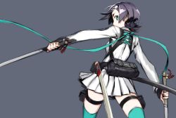 Rule 34 | 1girl, 7th dragon (series), 7th dragon iii, aqua thighhighs, black hair, dual wielding, from behind, green eyes, holding, holster, miwa shirow, pleated skirt, samurai (7th dragon), samurai (7th dragon iii), simple background, skirt, solo, sword, thigh holster, thighhighs, weapon