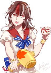 Rule 34 | artist name, augetsix, bad id, bad pixiv id, bangle, black hair, bow, bracelet, cone horns, dress, horns, jewelry, kijin seija, long hair, mallet, multicolored hair, red eyes, red hair, solo, streaked hair, tongue, tongue out, touhou, white hair, yin yang
