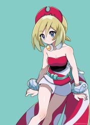 Rule 34 | 1girl, blonde hair, blue eyes, blush, bracelet, breasts, cleavage, closed mouth, commentary request, creatures (company), eyelashes, game freak, green background, hair between eyes, hairband, irida (pokemon), jewelry, knees, medium breasts, nashirasauce, nintendo, pokemon, pokemon legends: arceus, red hairband, red shirt, sash, shirt, short hair, short shorts, shorts, solo, strapless, strapless shirt, waist cape, white shorts