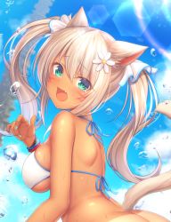 Rule 34 | 1girl, animal ears, ass, bad id, bad pixiv id, bikini, blue eyes, blue sky, blush, bottomless, breasts, cat ears, cat tail, cloud, commentary request, dark-skinned female, dark skin, day, facial mark, final fantasy, final fantasy xiv, from side, hair between eyes, head tilt, large breasts, long hair, looking at viewer, miqo&#039;te, mutsuba fumi, nail polish, open mouth, outdoors, skindentation, sky, solo, standing, swimsuit, tail, tan, tanline, twintails, whisker markings, white hair