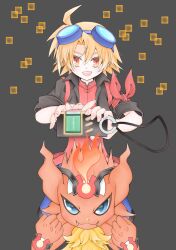 Rule 34 | absurdres, coronamon, digimon, fire, goggles, goggles on head, highres, koh (digimon), lion boy, looking at viewer