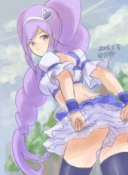 Rule 34 | 00s, 10s, 1girl, 2015, aono miki, bad id, bad pixiv id, bare shoulders, blue skirt, blue thighhighs, blush, boots, choker, covering ass, covering privates, cure berry, dated, drill hair, earrings, eyelashes, fresh precure!, frilled skirt, frills, hair ornament, hairband, heart, heart hair ornament, jewelry, knee boots, long hair, looking at viewer, magical girl, midriff, petticoat, ponytail, precure, purple eyes, purple hair, shirt, side ponytail, sketch, skirt, solo, standing, takeashiro, thighhighs, thighs, very long hair, zettai ryouiki