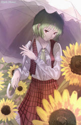 Rule 34 | 1girl, absurdres, artist name, ascot, breasts, collarbone, collared shirt, day, feet out of frame, field, flower, flower field, green hair, highres, holding, holding umbrella, huge filesize, jack masser, kazami yuuka, looking at viewer, open clothes, open vest, outdoors, parasol, parted lips, petticoat, plaid, plaid skirt, plaid vest, red eyes, red skirt, red vest, shirt, short hair, skirt, skirt set, small breasts, smile, solo, standing, sunflower, sunflower field, touhou, umbrella, vest, white shirt, white umbrella, yellow ascot, yellow flower