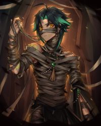 Rule 34 | 1boy, ahoge, arm tattoo, bandages, bare shoulders, bead necklace, beads, black hair, closed mouth, costume, facial mark, forehead mark, gem, genshin impact, green hair, highres, jewelry, long hair, looking at viewer, male focus, multicolored hair, mummy, mummy costume, necklace, noya (pxur4354), parted bangs, sleeveless, slit pupils, solo, tassel, tattoo, xiao (genshin impact), yellow eyes