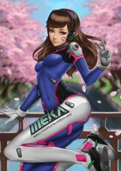 Rule 34 | 1girl, acronym, against railing, animal print, blue bodysuit, blue sky, blurry, blurry background, bodysuit, breasts, brown eyes, brown hair, cherry blossoms, clothes writing, covered navel, d.va (overwatch), day, depth of field, facepaint, facial mark, from side, gloves, headphones, high collar, highres, jumping, light smile, long hair, looking at viewer, looking to the side, medium breasts, outdoors, overwatch, overwatch 1, perspective, petals, pilot suit, pink lips, rabbit print, railing, ribbed bodysuit, shoulder pads, signature, skin tight, sky, solo, suicuneart, swept bangs, tree, v, whisker markings, white gloves