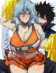 Rule 34 | 1boy, 1girl, absurdres, arm up, armpits, black hair, blue hair, blush, boku no hero academia, breasts, burn scar, cheerleader, choker, crop top, dabi (boku no hero academia), embarrassed, genderswap, genderswap (mtf), hair between eyes, hand on another&#039;s hip, highres, huffing, kurenaiz (kuayrenaiz), large breasts, long hair, looking at another, looking to the side, midriff, miniskirt, pom pom (cheerleading), red eyes, revealing clothes, scar, scar across eye, scar on face, scar on mouth, shigaraki tomura, short hair, sideboob, simple background, skirt, striped choker, thick thighs, thighs