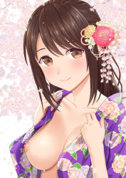 Rule 34 | 1girl, banned artist, breasts, brown eyes, brown hair, closed mouth, collarbone, commentary request, eyebrows hidden by hair, floral print, flower, hair flower, hair ornament, hands up, japanese clothes, kimono, long hair, looking at viewer, medium breasts, n.g., nipples, open clothes, open kimono, original, print kimono, purple kimono, red flower, red rose, rose, smile, solo, yellow flower