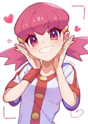 Rule 34 | 1girl, blush, buttons, collarbone, creatures (company), game freak, hair ornament, hairclip, heart, highres, looking at viewer, nintendo, omochi (omotimotittona3), pink eyes, pink hair, pokemon, pokemon hgss, red wristband, shirt, short sleeves, smile, teeth, twintails, white background, white shirt, whitney (pokemon), wristband