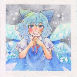 Rule 34 | 1girl, :d, blue bow, blue dress, blue eyes, blue hair, blush, border, bow, breasts, cirno, collared shirt, detached wings, dress, frilled sleeves, frills, hair bow, happy, ice, ice wings, looking at viewer, medium hair, neck ribbon, open mouth, own hands together, painting (medium), pinafore dress, puffy short sleeves, puffy sleeves, red ribbon, ribbon, shin1ar24, shirt, short sleeves, sleeveless dress, small breasts, smile, solo, teeth, touhou, traditional media, upper teeth only, watercolor (medium), watercolor pencil (medium), white border, white shirt, wings