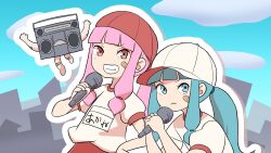 Rule 34 | 2girls, absurdres, alternate costume, animate object, backwards hat, bandaid, bandaid on cheek, bandaid on face, baseball cap, bashauma kaede, blue eyes, blue hair, blue sky, blunt bangs, blush, boombox, character name, cloud, cloudy sky, commentary request, day, drop shadow, grin, gym uniform, hand on own hip, hand up, hands up, hat, highres, kotonoha akane, kotonoha aoi, looking at viewer, multiple girls, outline, pink hair, puffy short sleeves, puffy sleeves, red eyes, shirt, short sleeves, siblings, sidelocks, sisters, sky, skyline, smile, upper body, v-shaped eyebrows, voiceroid, white outline, white shirt