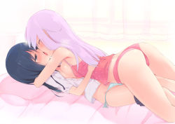 Rule 34 | 2girls, ass, asymmetrical docking, black eyes, black hair, blue panties, blush, breast press, breasts, camisole, chloe withers, closed eyes, clothes pull, colored eyelashes, couple, female focus, french kiss, from side, girl on top, homura subaru, kiss, large breasts, lillian ljungstrom, lingerie, long hair, multiple girls, negligee, open clothes, open shirt, original, panties, pink hair, pink panties, shirt, shirt pull, side-tie panties, tongue, underwear, underwear only, yuri