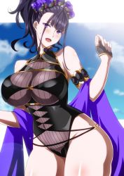 Rule 34 | 1girl, absurdres, armband, bare shoulders, black gloves, black one-piece swimsuit, blue sky, blush, breasts, covered navel, fate/grand order, fate (series), fingerless gloves, flower, gloves, gold trim, hair flower, hair ornament, half gloves, hara (harayutaka), highleg, highleg swimsuit, highres, large breasts, long hair, looking at viewer, murasaki shikibu (fate), murasaki shikibu (swimsuit rider) (fate), murasaki shikibu (swimsuit rider) (first ascension) (fate), one-piece swimsuit, open mouth, purple eyes, purple hair, shawl, shiny skin, sky, smile, swimsuit, thighs
