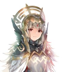 Rule 34 | 1girl, armor, cape, crown, fire emblem, fire emblem heroes, gloves, grey hair, hair ornament, long hair, looking at viewer, miwabe sakura, red eyes, simple background, solo, veronica (fire emblem)
