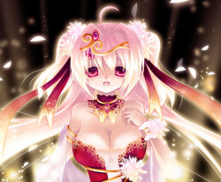 Rule 34 | 1girl, :d, ahoge, armlet, bad id, bad pixiv id, bare shoulders, blurry, breasts, cleavage, collarbone, depth of field, detached collar, dress, flower, hair flower, hair intakes, hair ornament, hair ribbon, hand on own chest, jewelry, large breasts, light particles, light rays, long hair, looking at viewer, necklace, open mouth, original, pink eyes, pink hair, ribbon, s20, see-through, smile, solo, tiara, twintails, upper body, very long hair, wrist cuffs, yandere