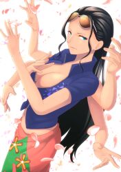 Rule 34 | 1girl, absurdres, black hair, breasts, cleavage, extra arms, hana hana no mi, highres, large breasts, long hair, nico robin, one piece, solo, sunglasses on head