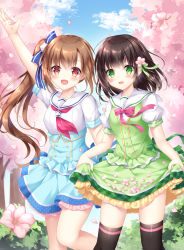 Rule 34 | 2girls, :d, arm up, black hair, black legwear, blue bow, blue skirt, bow, breasts, brown hair, commentary request, day, flower, frilled skirt, frills, green eyes, green skirt, green vest, hair bow, hair flower, hair ornament, high-waist skirt, highres, kohinata hoshimi, long hair, multiple girls, neckerchief, open mouth, original, outdoors, petals, pink flower, puffy short sleeves, puffy sleeves, red bow, red eyes, red neckerchief, sailor collar, school uniform, serafuku, shirt, short sleeves, side ponytail, skirt, skirt basket, small breasts, smile, standing, striped, striped bow, thighhighs, very long hair, vest, white sailor collar, white shirt