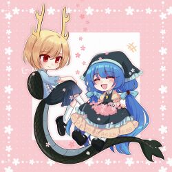 Rule 34 | +++, 2girls, absurdres, antlers, apron, aqua apron, black footwear, blonde hair, blue bow, blue hair, blue shirt, blue skirt, bow, chibi, chinese commentary, closed eyes, closed mouth, commentary request, dragon tail, dress, film grain, frilled apron, frilled headwear, frills, hair bow, haniyasushin keiki, head scarf, highres, horns, jewelry, kicchou yachie, long hair, low twintails, magatama, magatama necklace, mary janes, mask (boring mask), medium skirt, multiple girls, necklace, open mouth, pleated skirt, puffy short sleeves, puffy sleeves, red eyes, shirt, shoes, short hair, short sleeves, skirt, sleeves past elbows, smile, socks, swept bangs, tail, touhou, turtle shell, twintails, white socks, yellow dress