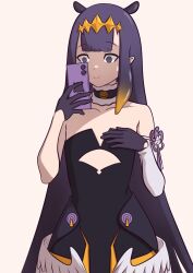 Rule 34 | 1girl, bare shoulders, breast conscious, cellphone, commentary, detached collar, detached sleeves, dress, empty eyes, flat chest, gloves, gradient hair, half gloves, hand on own chest, highres, holding, holding phone, hololive, hololive english, holykoshi, long hair, low wings, multicolored hair, ninomae ina&#039;nis, ninomae ina&#039;nis (1st costume), orange hair, phone, pointy ears, purple hair, single detached sleeve, smartphone, smile, solo, strapless, strapless dress, takodachi (ninomae ina&#039;nis), tentacle hair, tube dress, upper body, very long hair, virtual youtuber, wings