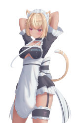 Rule 34 | 1girl, absurdres, animal ears, apron, arms behind head, arms up, black choker, black dress, blonde hair, blush, breasts, bridal garter, cat ears, cat girl, cat tail, choker, closed mouth, clothes writing, clothing cutout, copyright name, dark-skinned female, dark skin, dress, elf, frills, garter straps, high ponytail, highres, hololive, long hair, looking at viewer, maid, maid headdress, medium breasts, pointy ears, ponytail, red eyes, shiranui flare, short sleeves, simple background, solo, standing, sweat, tail, tr24, underboob, underboob cutout, underbust, virtual youtuber, white apron, white background