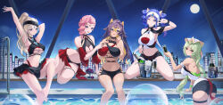 Rule 34 | 5girls, ;q, absurdres, adapted costume, animal ears, arm up, armpits, arms up, ass, babel (genshin impact), bare arms, bare shoulders, bikini, bikini skirt, black bikini, black hair, blonde hair, blue eyes, blue hair, breasts, bupa chila, cleavage, closed mouth, clothing cutout, criss-cross halter, dehya (genshin impact), eremite desert clearwater (genshin impact), eremite floral ring-dancer (genshin impact), eremite galehunter (genshin impact), eremite scorching loremaster (genshin impact), from behind, genshin impact, green hair, grin, halterneck, hat, headband, highres, incredibly absurdres, large breasts, long hair, looking at viewer, midriff, multicolored hair, multiple girls, navel, one eye closed, pink hair, ponytail, pool, purple eyes, sarong, side cutout, sitting, smile, stomach, streaked hair, swimsuit, thighs, tongue, tongue out, twintails, two-tone bikini, two-tone hair, underboob, v, white headwear