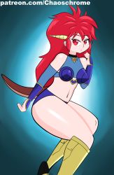 Rule 34 | 1990s (style), 1girl, armor, bare shoulders, bikini, bikini armor, blue background, boots, breasts, chaoschrome, dragon girl, dragon half, dragon horns, dragon tail, gauntlets, greaves, highres, horns, long hair, looking at viewer, mink (dragon half), monster girl, open mouth, red eyes, red hair, retro artstyle, solo, spiked hair, swimsuit, tail, thick thighs, thighs
