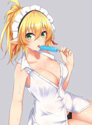 1girl blonde_hair blush breasts cleavage elf etan14 female_focus food green_eyes highres large_breasts long_hair looking_at_viewer maid_headdress original panties pointy_ears ponytail popsicle shirt sleeveless sleeveless_shirt solo tongue tongue_out underwear