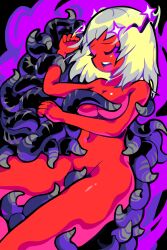 Rule 34 | azathoth, black background, closed eyes, colored skin, cthulhu mythos, highres, horns, medium hair, navel, nude, open mouth, photoreceptor, purple background, red skin, solo, tentacles, white hair