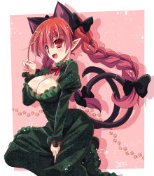 Rule 34 | 1girl, animal ears, black ribbon, braid, breasts, cat ears, cat tail, cleavage, dress, extra ears, fang, green dress, hair ribbon, highres, juliet sleeves, kaenbyou rin, large breasts, long hair, long sleeves, multiple tails, open mouth, paw pose, paw print, pointy ears, puffy sleeves, red eyes, red hair, red ribbon, ribbon, smile, solo, tail, touhou, tress ribbon, twin braids, two tails, yamu (reverse noise)