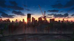Rule 34 | absurdres, bad id, bad pixiv id, bicycle, broken fence, building, chain-link fence, chinese commentary, city, cloud, commentary request, crane (machine), evening, fence, grass, highres, no humans, original, outdoors, parking lot, puddle, scenery, sky, skyscraper, sunset, yu jing
