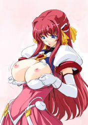 Rule 34 | 00s, 1girl, beat angel escalayer, blue eyes, blush, breasts, breasts out, elbow gloves, escalayer, female focus, gloves, kiyama satoshi, long hair, nipples, open mouth, puffy sleeves, red hair, solo, tagme