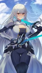 Rule 34 | 1girl, armor, blue eyes, breast tattoo, breasts, cleavage, cleavage cutout, closed mouth, clothing cutout, cosplay, doiparuni, ethel (xenoblade) (cosplay), grey hair, highres, holding, large breasts, long hair, looking at viewer, mythra (xenoblade), shoulder armor, simple background, solo, sword, tattoo, thigh gap, upper body, very long hair, weapon, white background, xenoblade chronicles (series), xenoblade chronicles 2, xenoblade chronicles 3